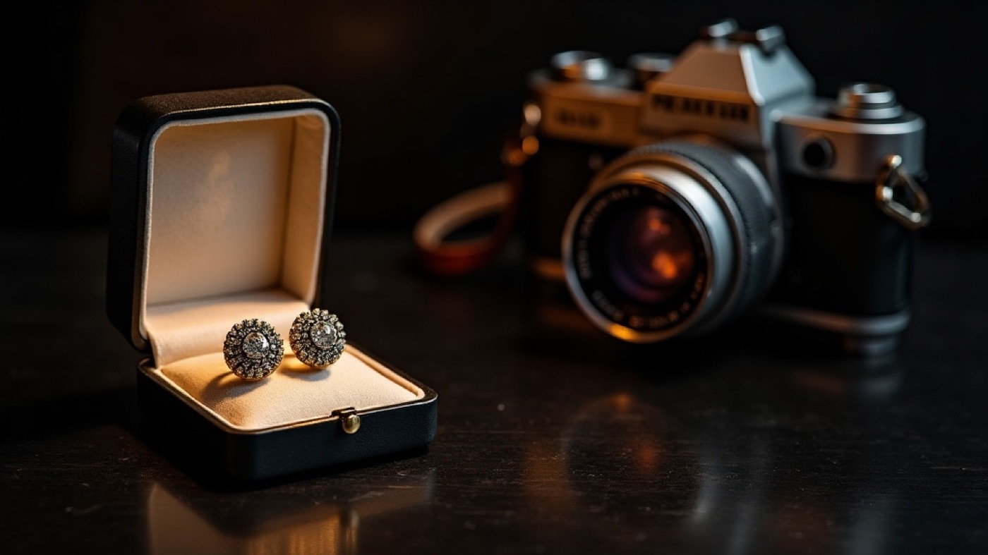 Asymmetric display of modern earrings beside vintage camera and bag