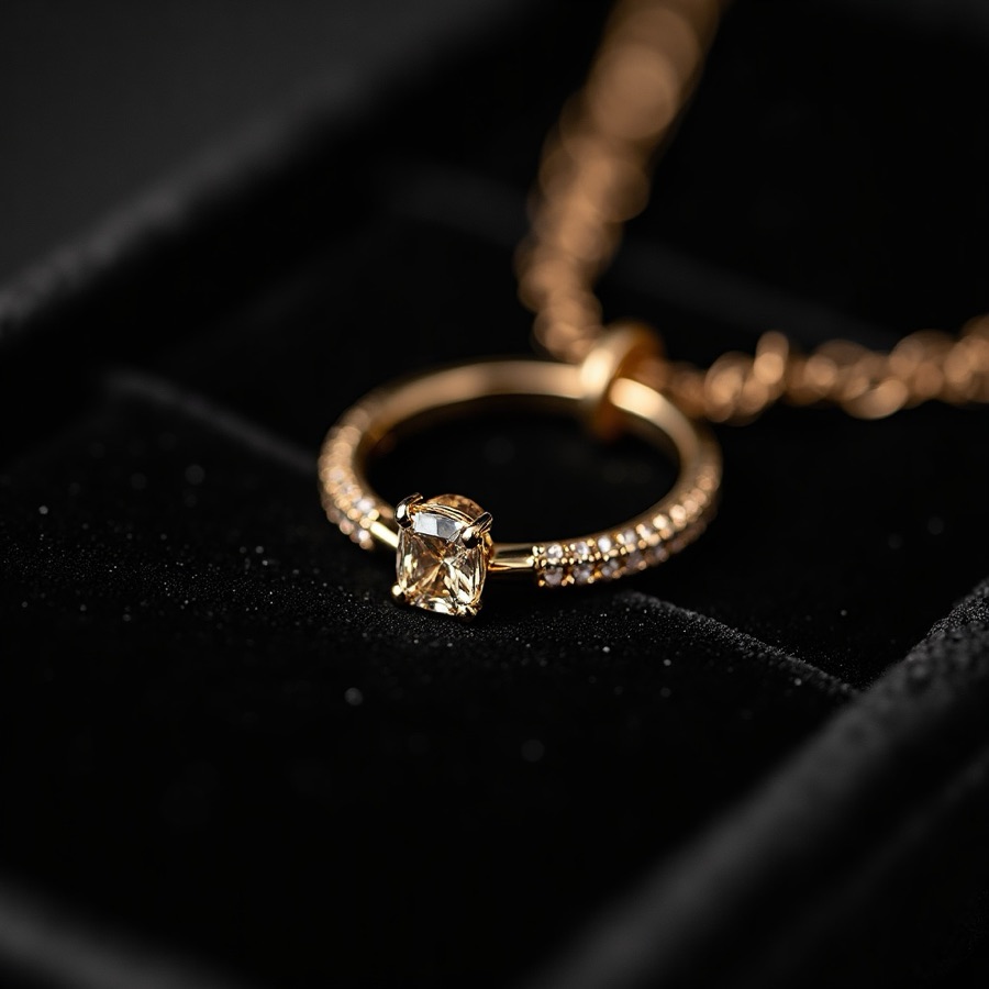 Gold ring and pendant on black velvet