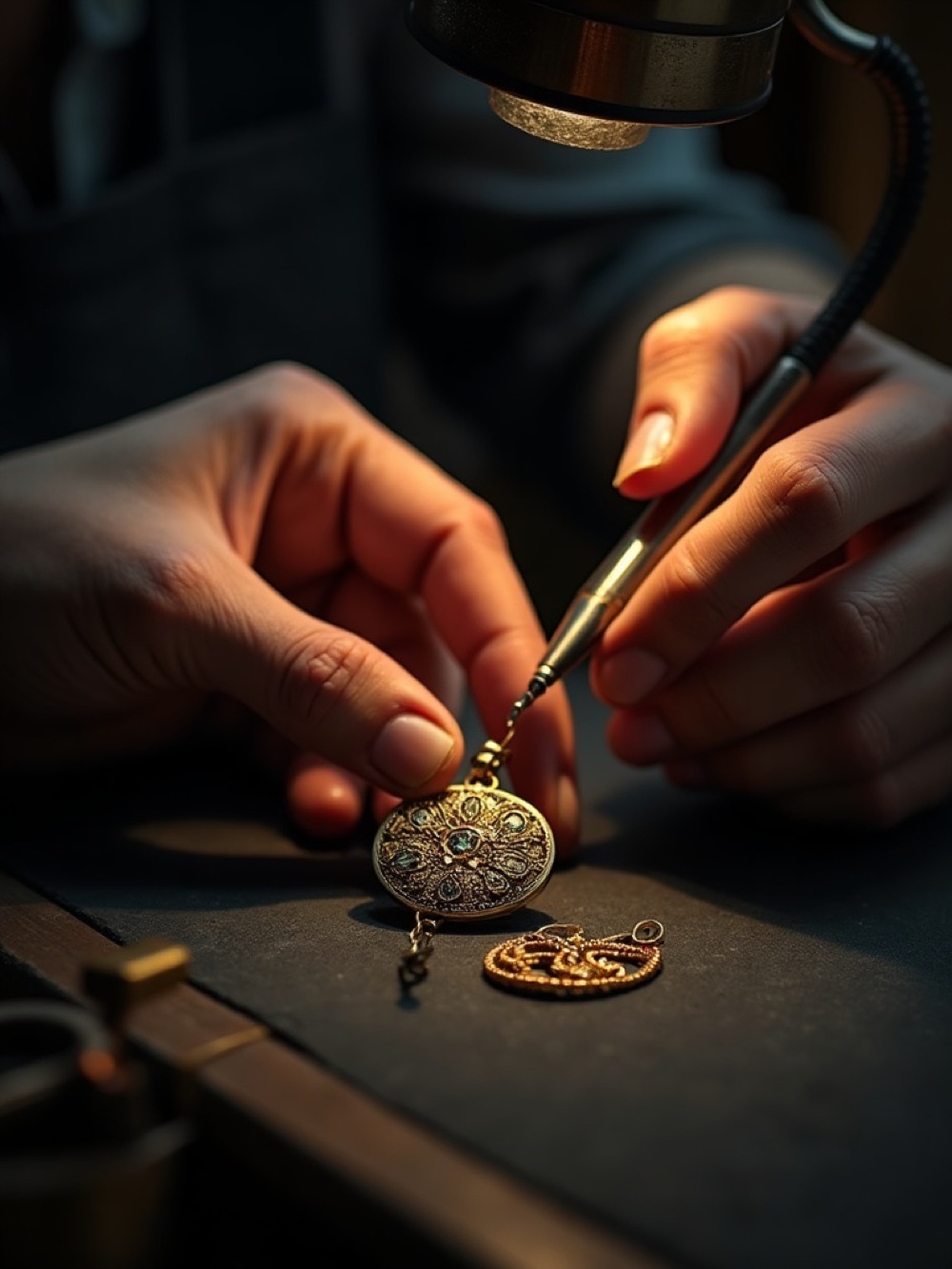 Jeweler restoring a vintage pendant under warm task light