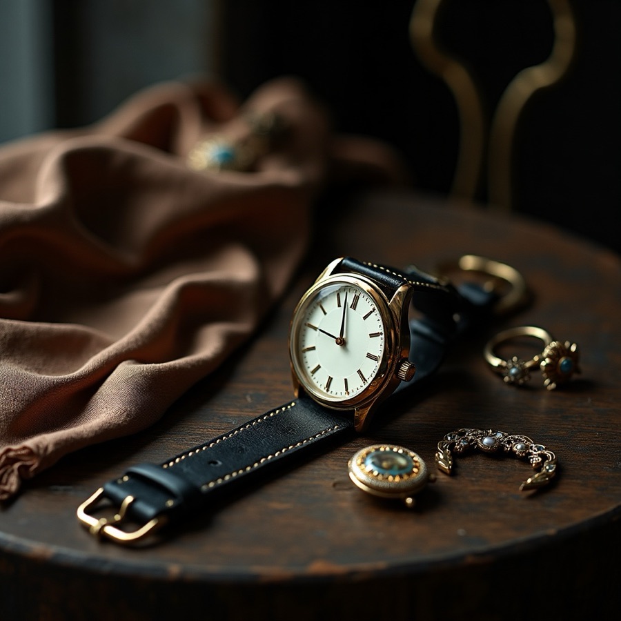 Vintage watch, silk scarf, and silver brooch on dark wood